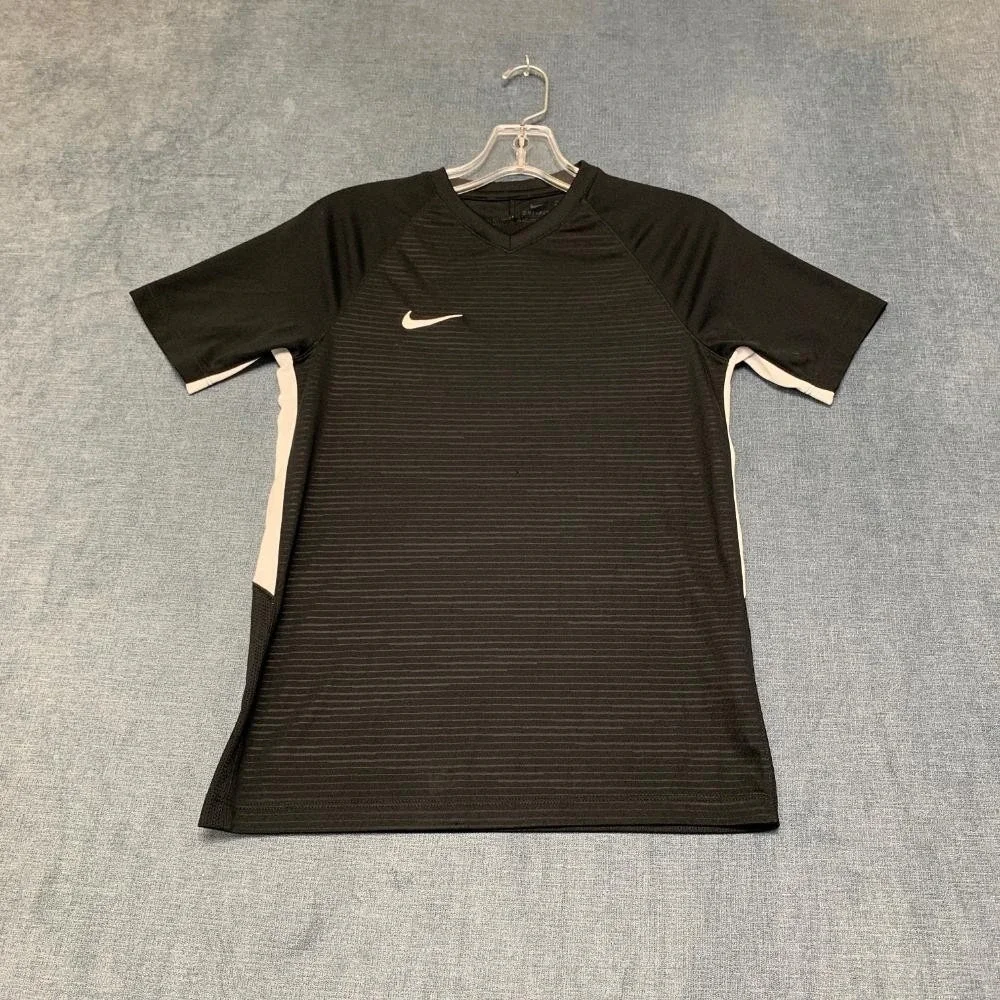 Nike Dri Fit T-Shirt Mens Large Black Striped Raglan Sleeve V Neck Swoosh Logo